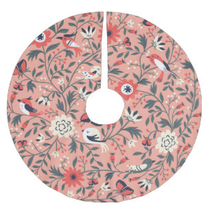 Floral Birds Hand Drawn Vintage Brushed Polyester Tree Skirt
