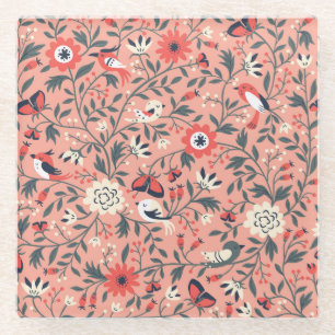 Floral Birds Hand Drawn Vintage Glass Coaster