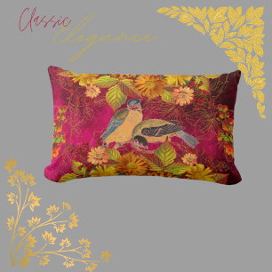 Floral & Birds Orange, Red, Yellow Cranberry  Lumbar Cushion