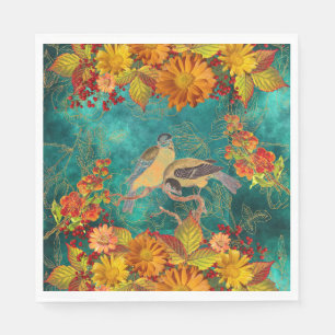 Floral & Birds Orange, Red, Yellow, Teal Backing Napkin