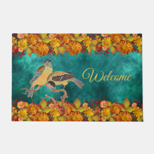 Floral & Birds Orange, Red, Yellow, Teal, Customiz Doormat