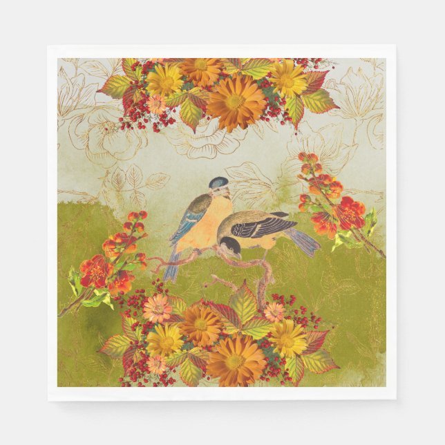 Floral & Birds, Orange, Yellow, Red Green Napkins (Front)