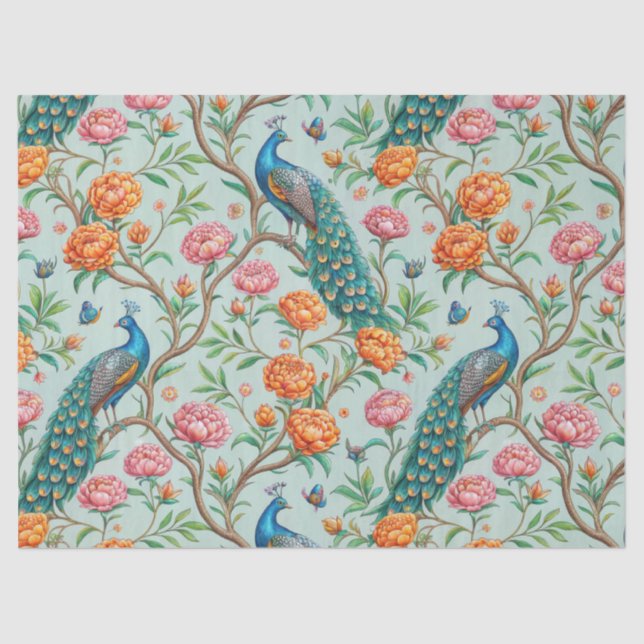 Floral Birds Pattern on Mint Background (10) Tissue Paper (Front)