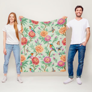 Floral Birds Pattern on Mint Background (11) Fleece Blanket