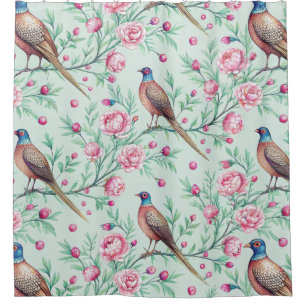 Floral Birds Pattern on Mint Background (2) Shower Curtain
