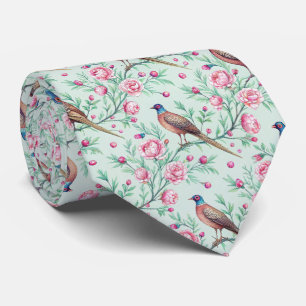 Floral Birds Pattern on Mint Background (2) Tie