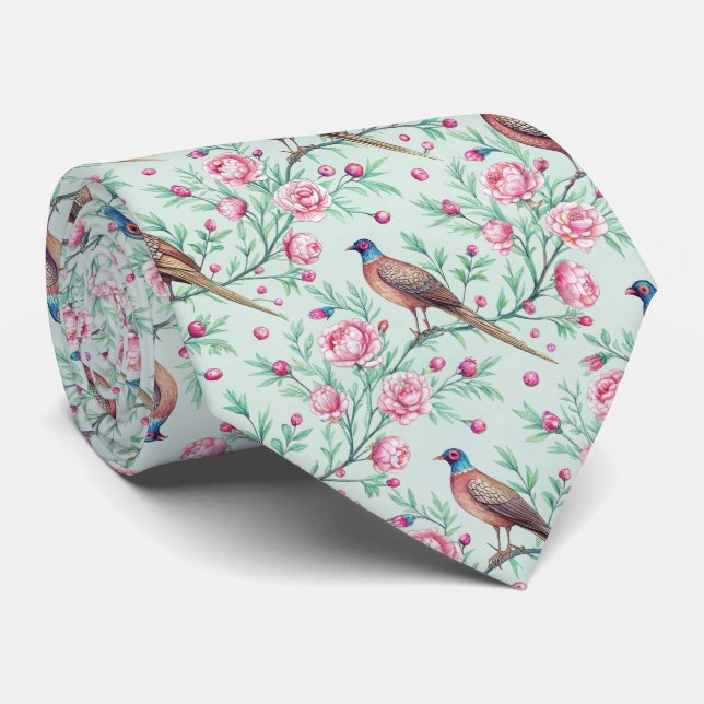 Floral Birds Pattern on Mint Background (2) Tie (Rolled)