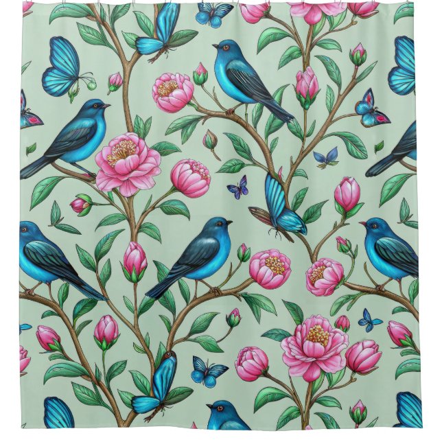 Floral Birds Pattern on Mint Background (4) Shower Curtain (Front)