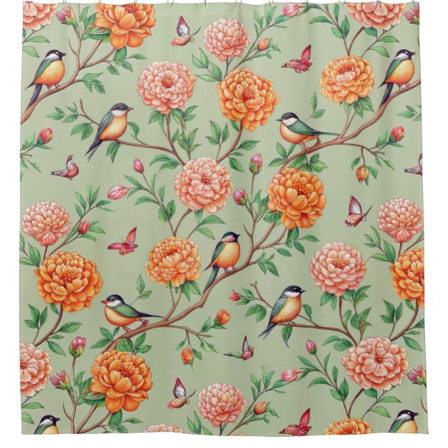 Floral Birds Pattern on Mint Background (7) Shower Curtain (Front)