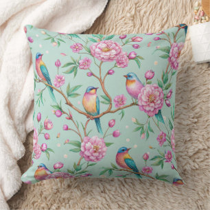 Floral Birds Pattern on Mint Background Cushion