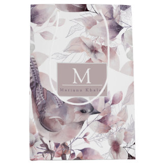 Floral Birds Purple and white nature Medium Gift Bag