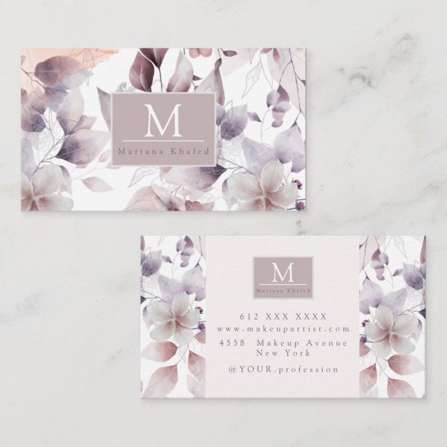 Floral Birds Purple and white nature monogram name Business Card (Front/Back)