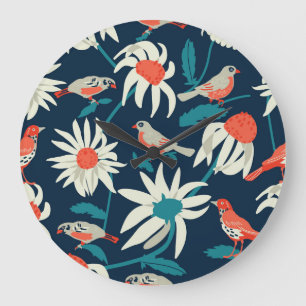 Floral Birds: Vintage Seamless Design. Large Clock