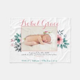 Floral Birth Announcement with Bible Verse Fleece Blanket