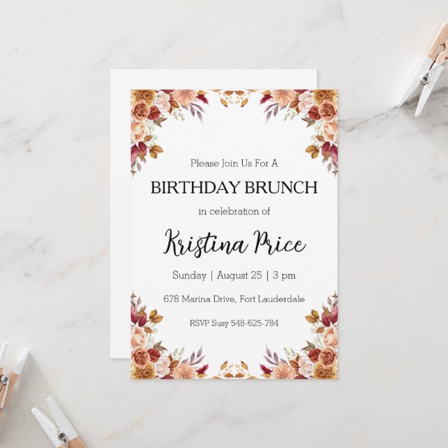 floral birthday brunch invitation (Front/Back In Situ)