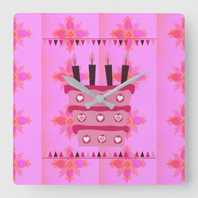Floral Birthday Cake for Her/Girls Art Print Square Wall Clock (Front)