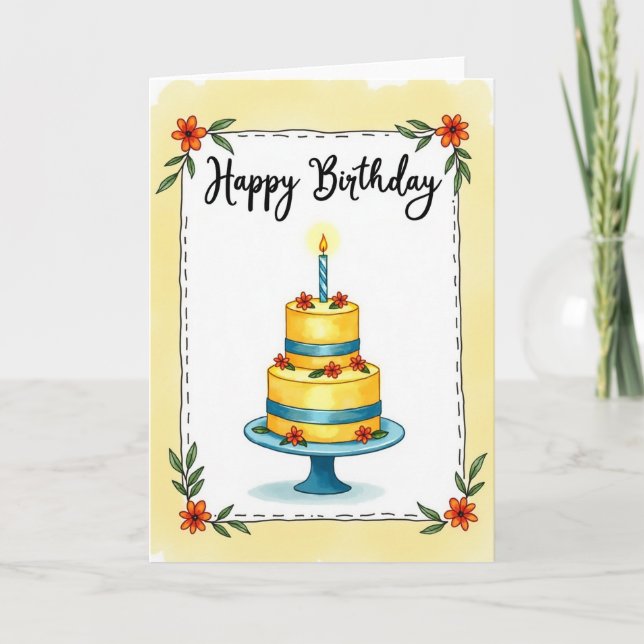 Floral Birthday Cake Image Card (Front)
