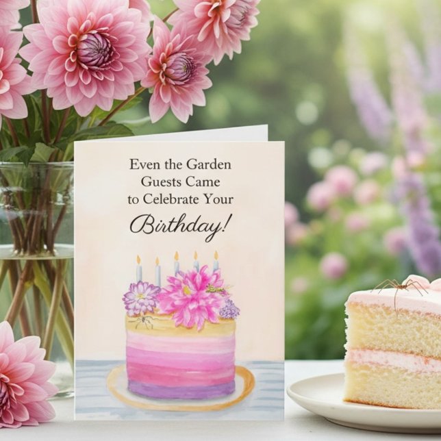 Floral Birthday Cake with Dahlia and Garden Insect Card (Creator Uploaded)