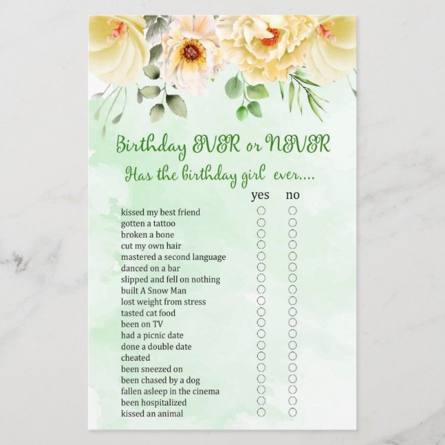 Floral Birthday Ever or Never Game (Front)