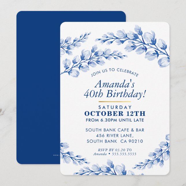 FLORAL BIRTHDAY PARTY INVITE pretty porcelain blue (Front/Back)