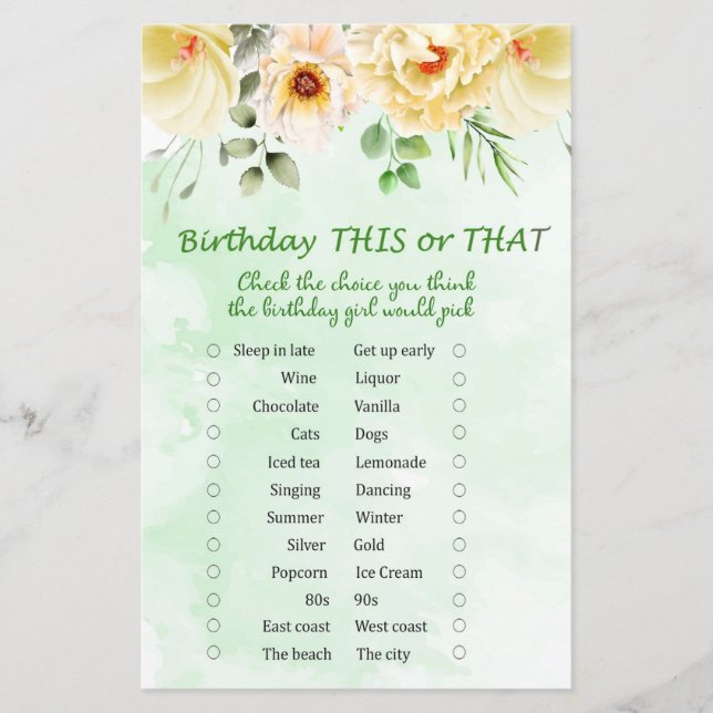 Floral Birthday This or That Game (Front)