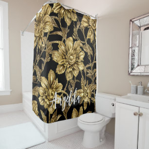 Floral Black and Gold Personalised Name Shower Curtain