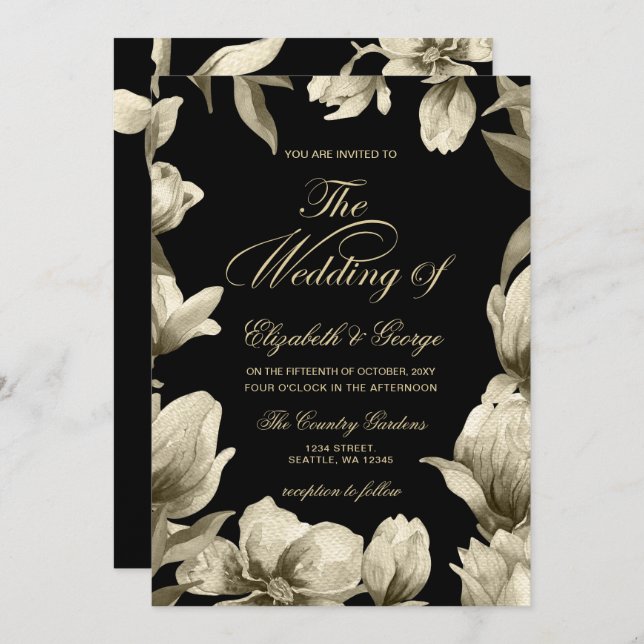 Floral Black and Gold wedding Invitation (Front/Back)
