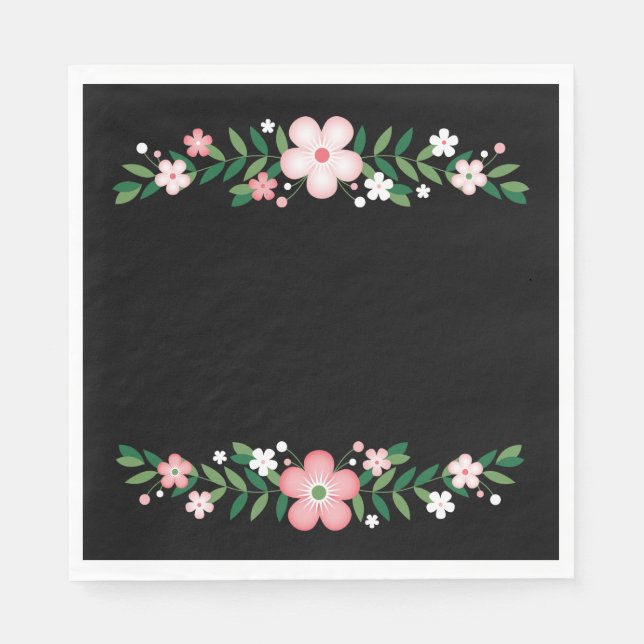 Floral Black And  Pink Flowers Wedding Party Napkin (Front)