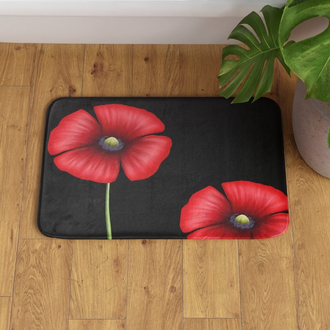 Floral Black and Red Poppies Bath Mat (Pop this poppy bath mat in your bathroom for a lovely pop of color)