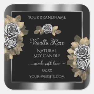 Floral Black and Silver Product Labels Leafy Roses