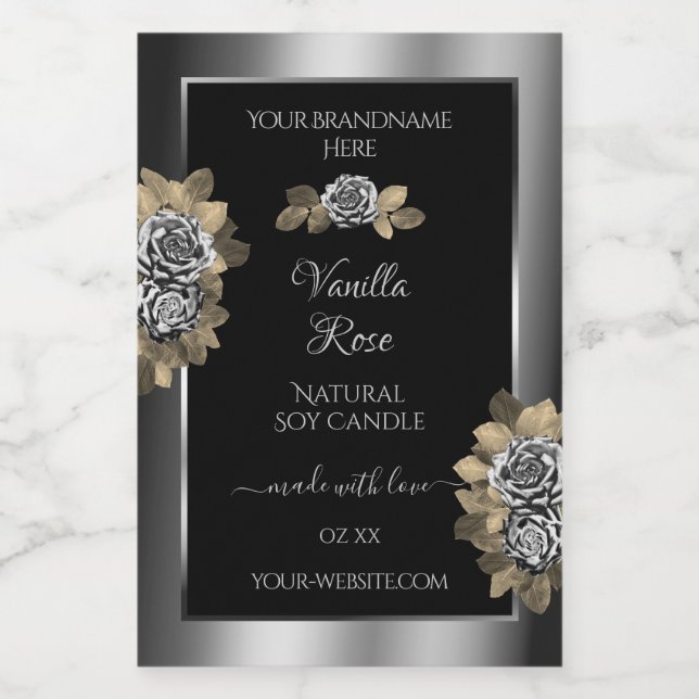 Floral Black and Silver Product Labels Leafy Roses (Single Label)