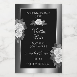 Floral Black and Silver Product Labels White Roses