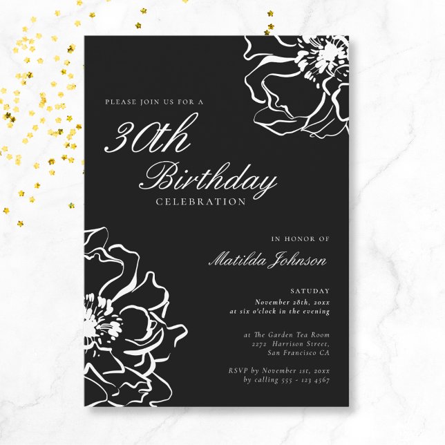 Floral Black and White 30th Birthday Invitation (Mockup View)
