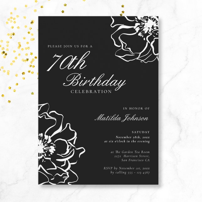Floral Black and White 70th Birthday Invitation (Mockup View)