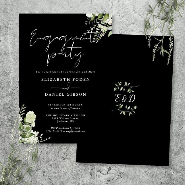 Floral Black And White Engagement Party Invitation (Floral Black And White Engagement Party Invitation)