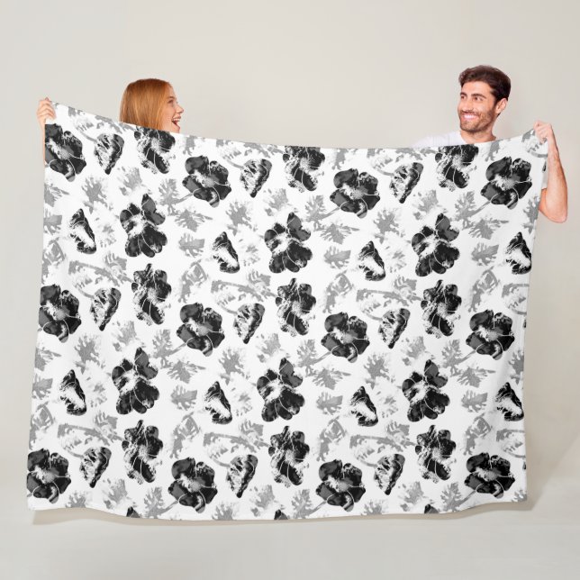 Floral, black and white fleece blanket (In Situ)