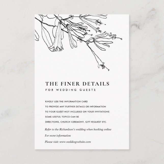 FLORAL BLACK AND WHITE LINE DRAWING WEDDING DETAIL ENCLOSURE CARD (Front)