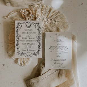Floral Black And White Monogram All In One Wedding Invitation