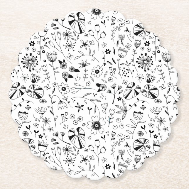 Floral Black and White Paper Coaster (Front)