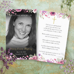 Floral Black and White Photo Funeral Prayer Cards