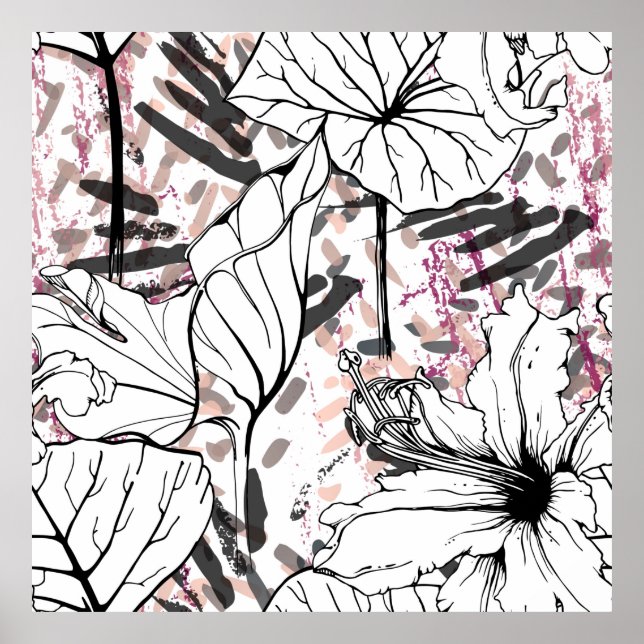 Floral Black and White Seamless Pattern. Modern Ar Poster (Front)