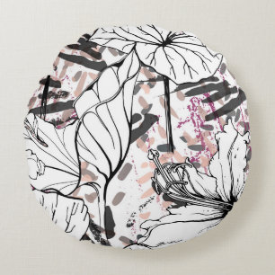 Floral Black and White Seamless Pattern. Modern Ar Round Cushion
