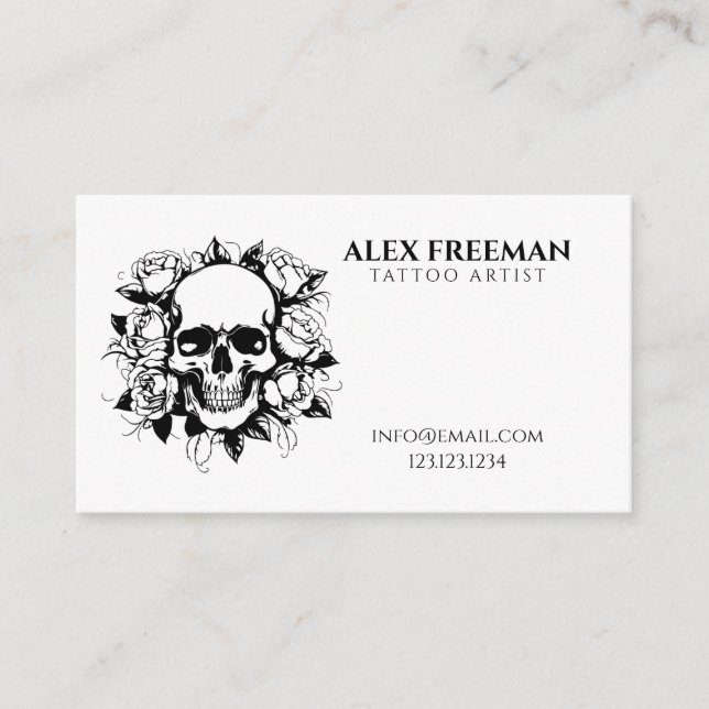 Floral Black and White Skull Roses Tattoo Artist Business Card (Front)