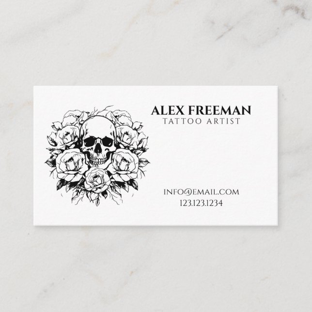 Floral Black and White Skull Tattoo Artist Business Card (Front)