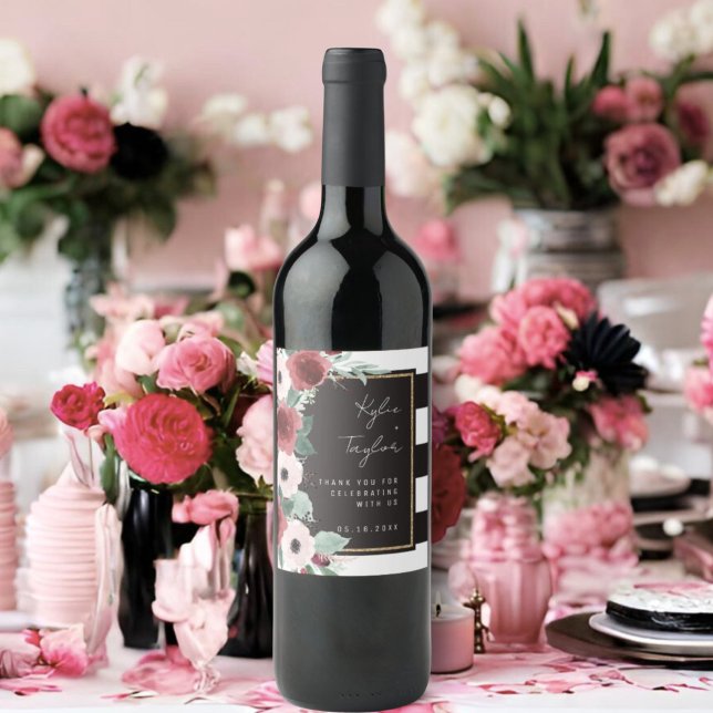 Floral Black and White Stripe Magenta Wedding Wine Label (Creator Uploaded)