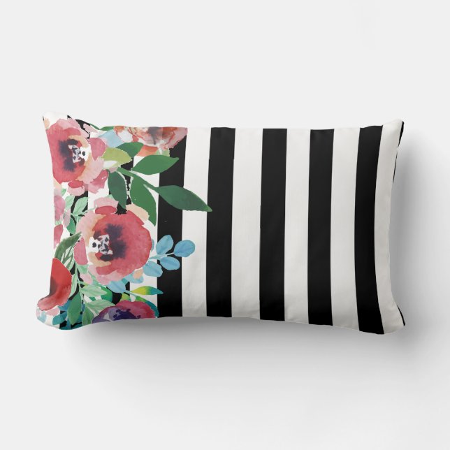 Floral Black and White Stripe Pillow (Front)