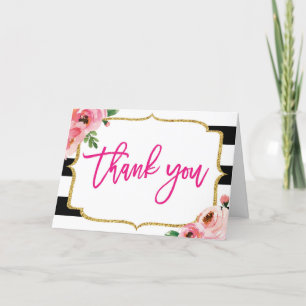 Floral Black and White Striped Thank you Cards