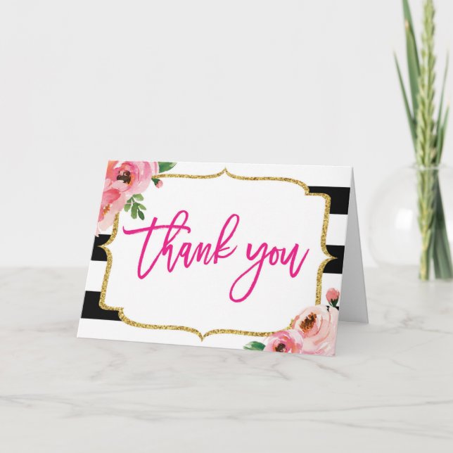 Floral Black and White Striped Thank you Cards (Front)