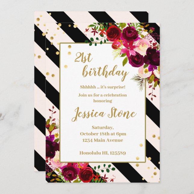Floral black and white stripes 21st birthday invitation (Front/Back)