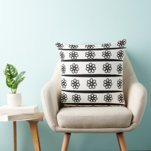 Floral Black and White Stripes Floral  Cushion